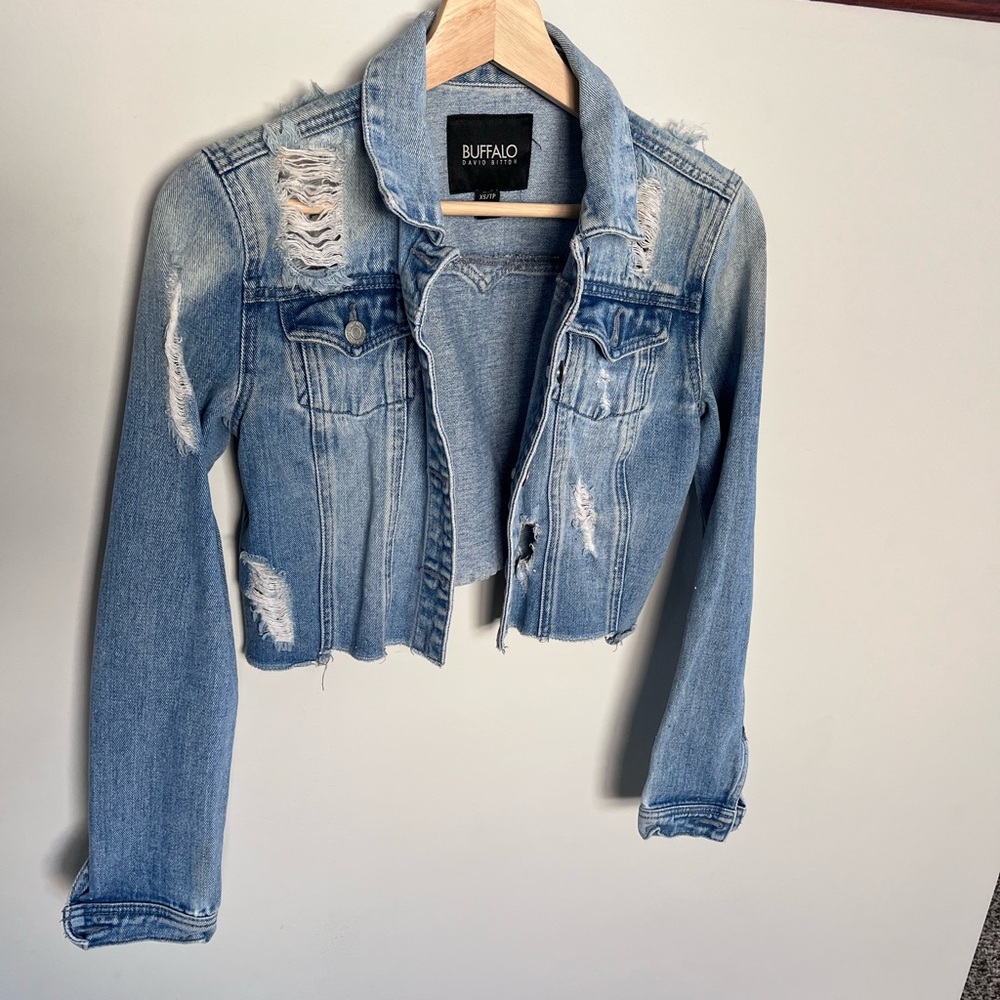 Buffalo David Bitton Distressed Cropped Denim Jacket Rhinestone Blue‎ XS